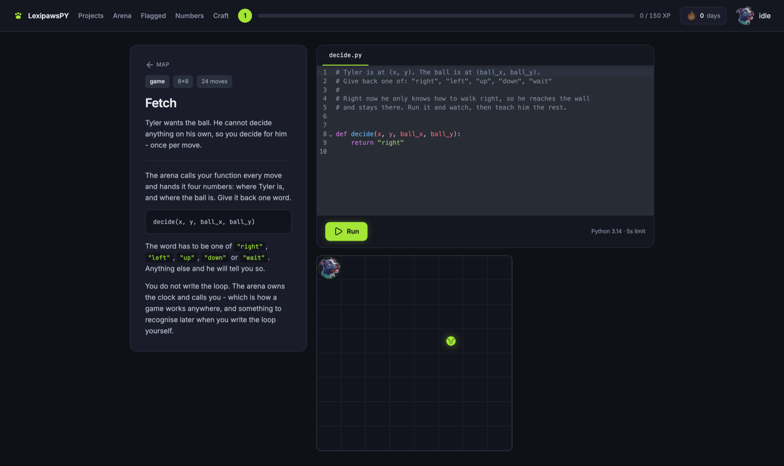 The arena: a Python function called decide() in an editor, and below it an eight-by-eight board with a dog in one corner and a ball in the middle.
